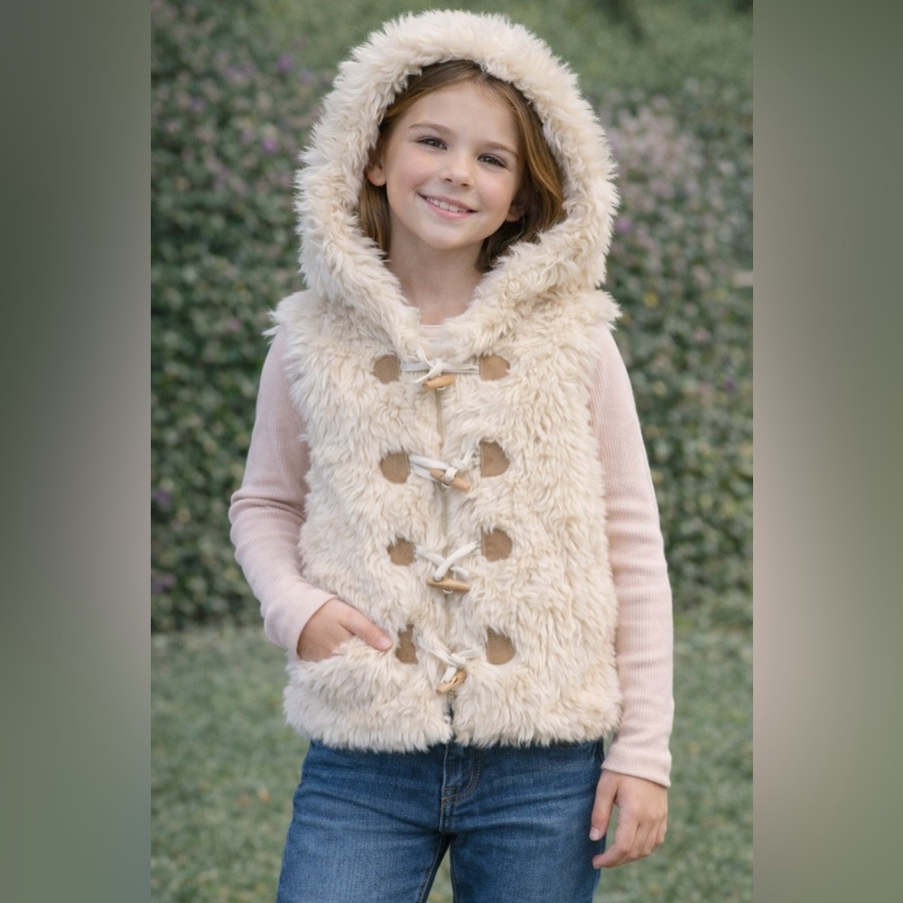 Gymboree Girls Faux Fur Hooded Vest – Size S (5-6) 🤍